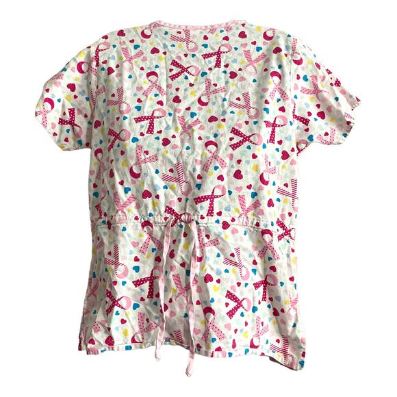 Dickies Womens Scrub Top Small V Neck Breast Cancer Awareness Ribbons White - Picture 2 of 9